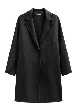 Dark gray wool blend coat with a notched collar, two-button closure, and wide sleeves; features side pockets and a textured finish.
