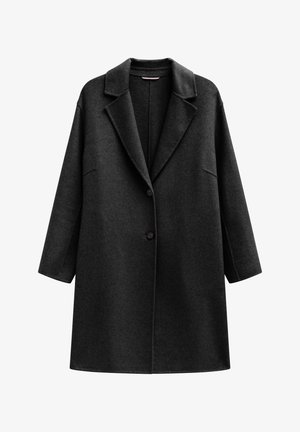 Dark gray wool blend coat with a notched collar, two-button closure, and wide sleeves; features side pockets and a textured finish.