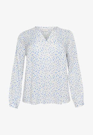 Hosszú ujjú blúz fehér alapon kék absztrakt mintával, V-nyakkivágással, laza szabással és ráncolt mandzsettával. Simább, könnyű anyag.