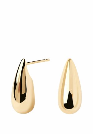 Coppia di orecchini a bottone a forma di goccia in oro lucido con superfici lisce e riflettenti e perni diritti per orecchie forate.