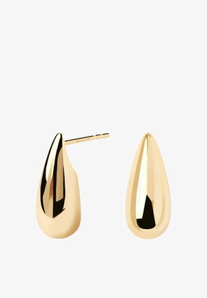 Coppia di orecchini a bottone a forma di goccia in oro lucido con superfici lisce e riflettenti e perni diritti per orecchie forate.
