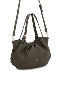 Borsa in pelle verde oliva con design arricciato, doppi manici superiori e tracolla staccabile. Presenta hardware dorato e logo.