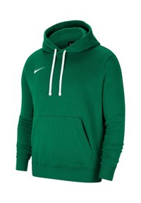 Hoodie Nike vert avec cordons blancs, poche kangourou à l'avant et logo Nike swoosh blanc sur la poitrine gauche.
