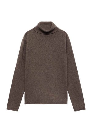 Brauner Rollkragenpullover aus weichem Material; mit langen Ärmeln, einem figurbetonten Kragen und einem geraden Saum mit glatter Textur.