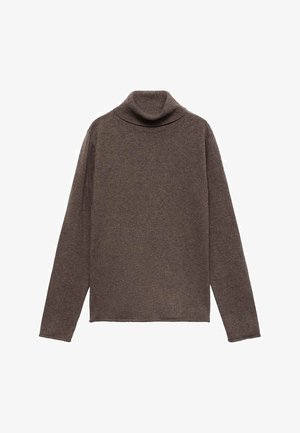 Rjava turtleneck pulover iz mehkega materiala; ima dolge rokave, prilegajoč ovratnik in raven rob z gladko teksturo.