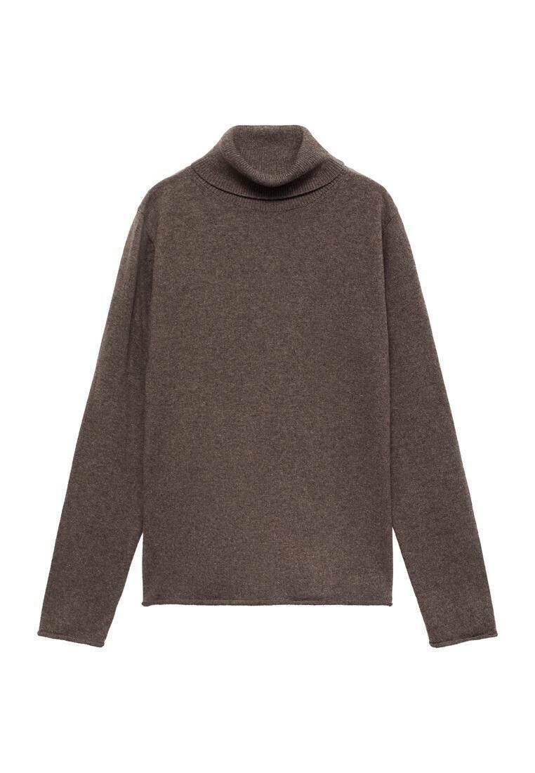 Rjava turtleneck pulover iz mehkega materiala; ima dolge rokave, prilegajoč ovratnik in raven rob z gladko teksturo.