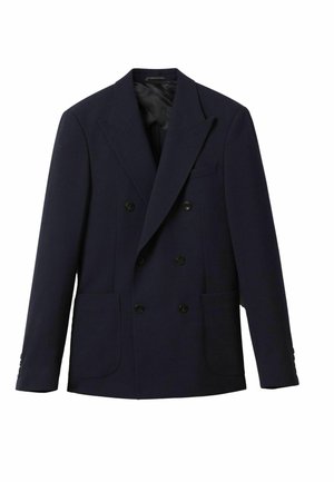 Navy blue double-breasted blazer with wide lapels, two patch pockets, black buttons, and a smooth fabric texture.