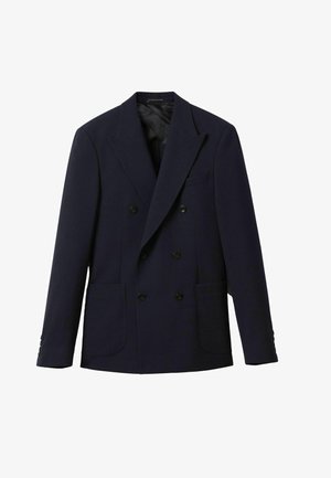 Blazer croisé bleu marine avec larges revers, deux poches à patch, boutons noirs et une texture de tissu lisse.