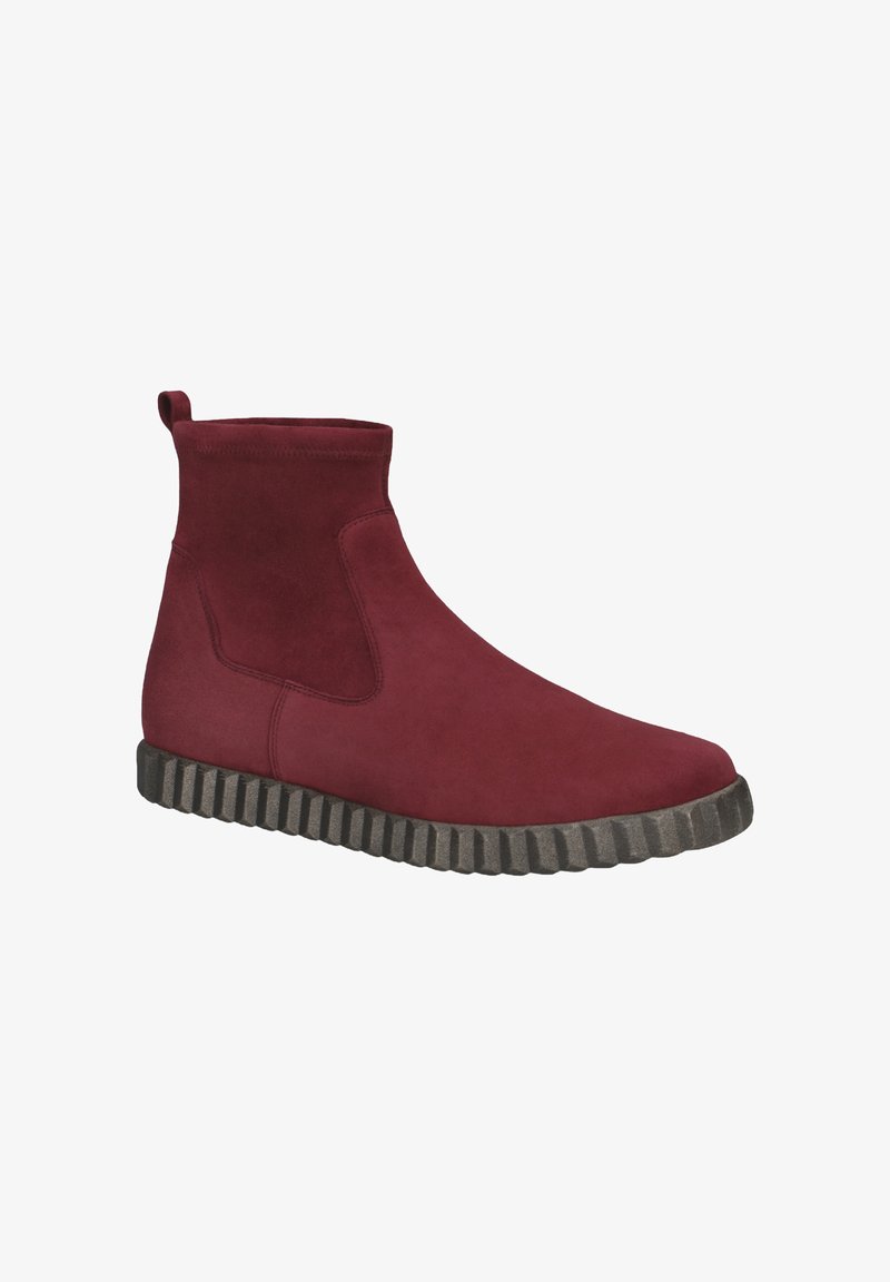 Bordeaux-farbene Wildleder-Stiefeletten mit einer gerippten grauen Gummisohle und elastischen Seitenpaneelen für ein einfaches Anziehen. Mit einer Zuglasche auf der Rückseite.