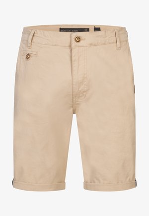 Beige shorts lavet af glat stof, med to forlommer, rullet kant og brune knapper. Diskret syning tilføjer detalje.