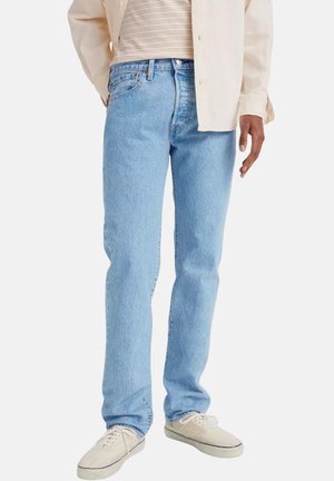 Jeans di denim azzurro chiaro con vestibilità a gamba dritta, caratterizzati da un classico design a cinque tasche e dettagli di cucitura discreti.