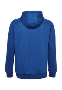 Blå hoodie med mjukt tyg, en kenguruficka och en tvådelad huva, samt ribbade muddar och nederkant.