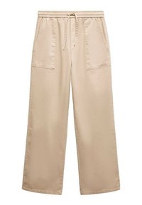Beige wijde broek, gemaakt van zachte stof, met een elastische tailleband met koord en twee voorkruiden.
