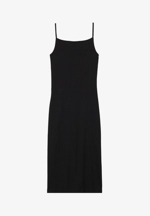 Black, ribbed midi dress with adjustable spaghetti straps, smooth texture, and a fitted silhouette. No visible embellishments or patterns.