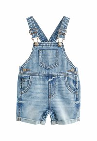 Jeans-Latzhose mit verstellbaren Trägern, hellblauer Waschung, einer Fronttasche und zwei Seitentaschen. Gerade geschnittene Shorts mit umgeschlagenem Saum.