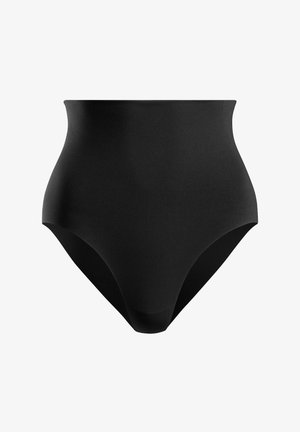 Hochgeschnittene schwarze Shapewear-Shorts aus glattem, dehnbarem Material. Verfügt über ein nahtloses Design ohne sichtbare Nähte oder Verschlüsse.