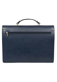 Donkerblauwe lederen aktetas met een gestructureerde vorm, een buitenzak met rits, een handvat aan de bovenkant en een gestructureerd oppervlak. Subtiele gouden hardwareaccenten.