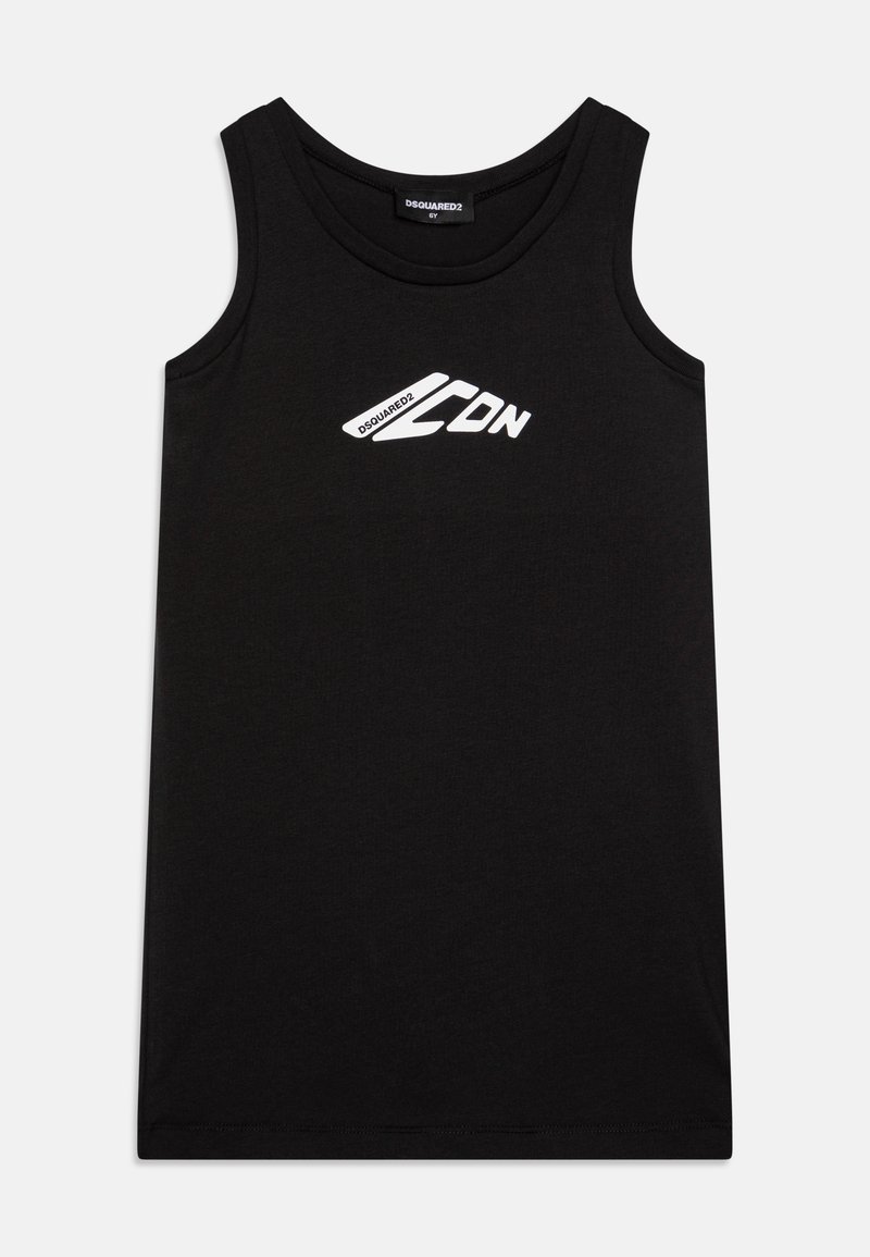Top din bumbac de culoare neagră. Are un guler rotund și inscripția albă "DSQUARED2 CDN" împreună cu un grafic stilizat în față.