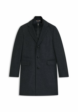 Dunkelgrauer Mantel aus einem strukturierten Wollgemisch, mit einem Reverskragen, Frontknopfverschluss und zwei Seitentaschen. Sichtbares gefüttertes Innenteil mit Reißverschluss.
