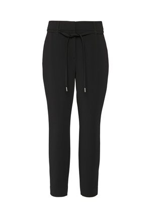 Schwarze, schmal zulaufende Hosen mit einem Kordelzugbund, aus weichem Stoff. Merkmale sind dezente Nähte und schmale Knöchelabschlüsse.