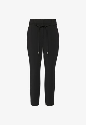 Pantalons noirs fuselés avec une taille à cordon, fabriqués en tissu doux. Comprend des détails de couture subtils et des poignets slim au niveau des chevilles.