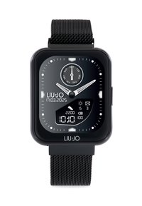 Reloj digital negro con esfera rectangular, correa de malla, pantallas analógica y digital, que muestra la hora, la fecha y métricas de actividad. Marca: LIU-JO.