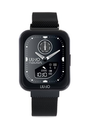 Orologio digitale nero con quadrante rettangolare, cinturino in maglia, display analogico e digitale, che mostra ora, data e metriche di attività. Marca: LIU-JO.