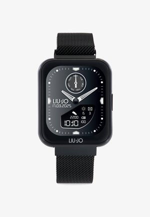 Orologio digitale nero con quadrante rettangolare, cinturino in maglia, display analogico e digitale, che mostra ora, data e metriche di attività. Marca: LIU-JO.