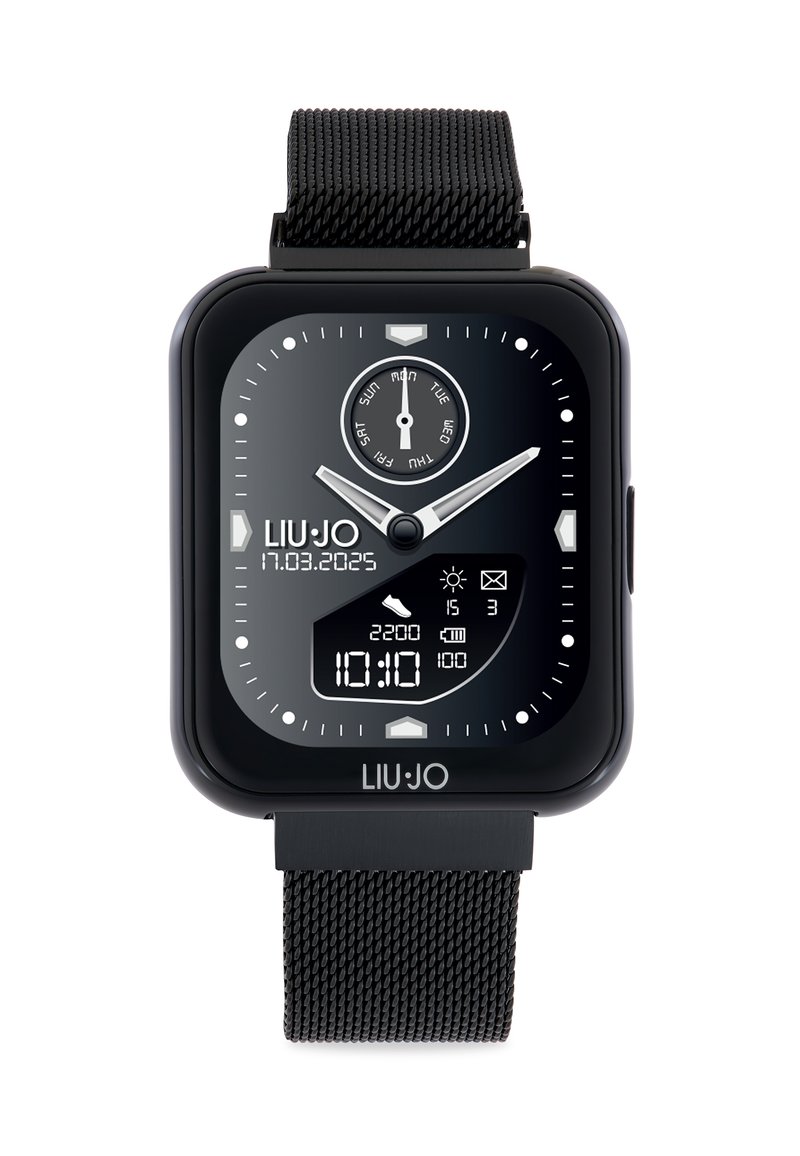 Reloj digital negro con esfera rectangular, correa de malla, pantallas analógica y digital, que muestra la hora, la fecha y métricas de actividad. Marca: LIU-JO.