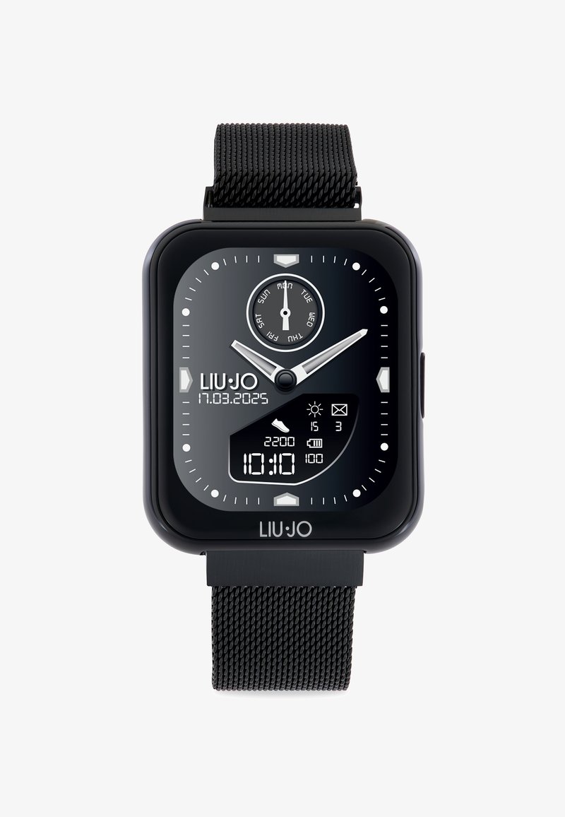 Reloj digital negro con esfera rectangular, correa de malla, pantallas analógica y digital, que muestra la hora, la fecha y métricas de actividad. Marca: LIU-JO.