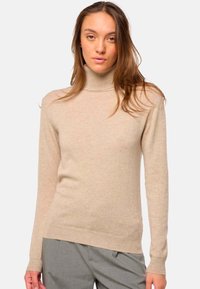 Pull col roulé beige en tissu doux, au design ajusté avec des manches longues, des poignets et un ourlet côtelés, style minimaliste et texture lisse.