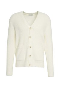 Cardigan bianco lavorato a maglia con scollo a V, maniche lunghe e due tasche frontali, caratterizzato da bottoni beige sulla parte frontale e trama a coste.