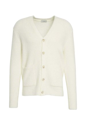 Cardigan bianco lavorato a maglia con scollo a V, maniche lunghe e due tasche frontali, caratterizzato da bottoni beige sulla parte frontale e trama a coste.
