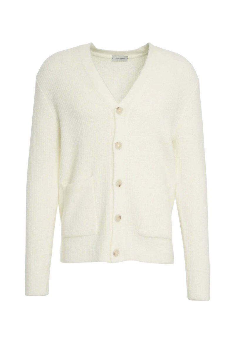 Cardigan bianco lavorato a maglia con scollo a V, maniche lunghe e due tasche frontali, caratterizzato da bottoni beige sulla parte frontale e trama a coste.