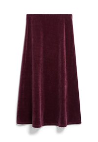 Jupe midi en velours bordeaux avec une texture lisse, forme évasée et large taille, sans fermetures ni motifs visibles.