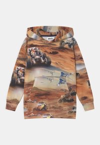 Dětská mikina s potiskem krajiny Marsu, která zobrazuje rover, futuristická vozidla a vesmírné obytné moduly v červenooranžových tónech.