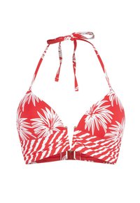 Rød bikini top med hvid palmeblad mønster, halterneck stropper og design med frontlås. Tekstureret stof med ruching detaljer.
