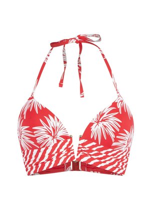 Top bikini rosso con motivo di foglie di palma bianche, spalline dietro il collo e chiusura frontale. Tessuto testurizzato con dettagli arricciati.