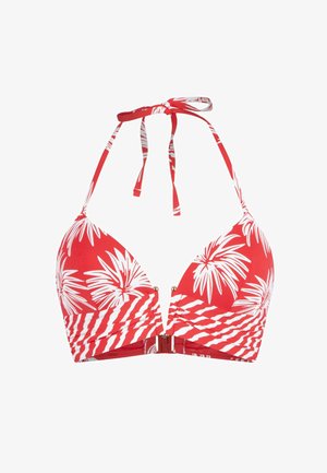 Crveni bikini top s bijelim uzorkom palminih listova, s halter izrezom i dizajnom s prednjim kopčanjem. Teksturirani materijal s naborima.