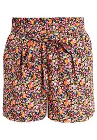 Blommiga shorts med svart bakgrund, med ett livfullt mönster av rosa, orange och gula blommor, elastisk midja och ett knutet bälte.