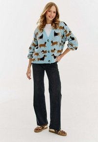 Světle modrý cardigan se vzorem psů, kulatými knoflíky a balónovými rukávy. Spárováno s tmavými džínami a botami se leopardím vzorem.