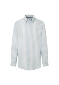 Jasnoniebieska longsleeve koszula zapinana na guziki z białymi i jasnoróżowymi pionowymi paskami, z kołnierzykiem zapinanym na guziki oraz kieszenią na piersi.