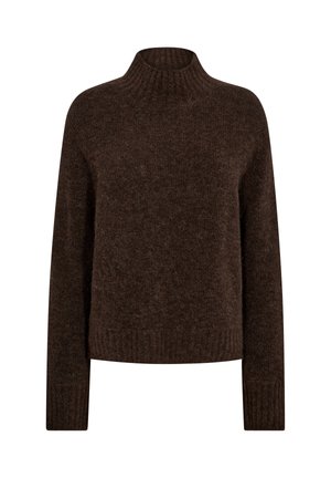Pull en tricot marron avec un col montant, des manches longues et des poignets côtelés. Fabriqué en matière douce et texturée, il présente une coupe décontractée.