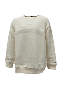 Felpa color crema con un logo testurizzato che riporta "HILFIGER" sulla parte anteriore. Dotata di collo rotondo e polsini a costine.