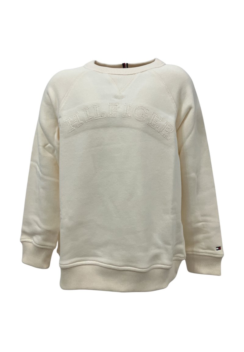 Felpa color crema con un logo testurizzato che riporta "HILFIGER" sulla parte anteriore. Dotata di collo rotondo e polsini a costine.