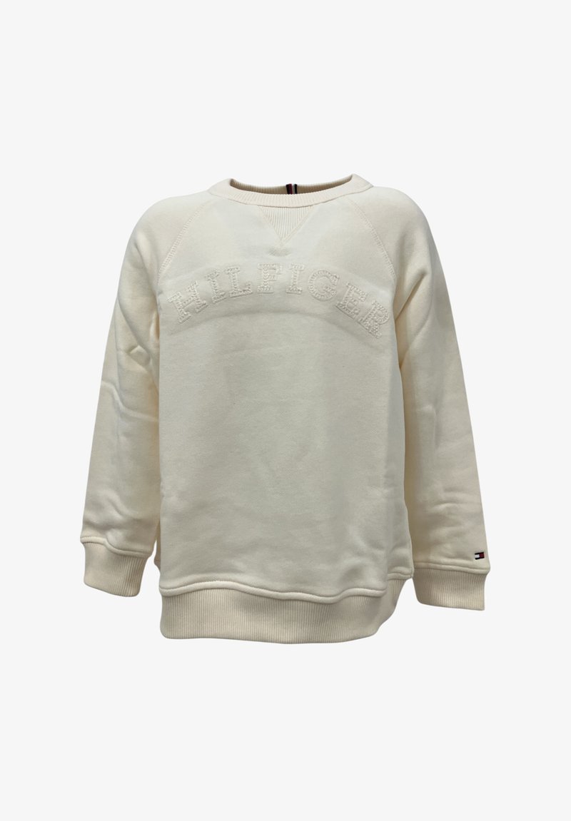 Felpa color crema con un logo testurizzato che riporta "HILFIGER" sulla parte anteriore. Dotata di collo rotondo e polsini a costine.