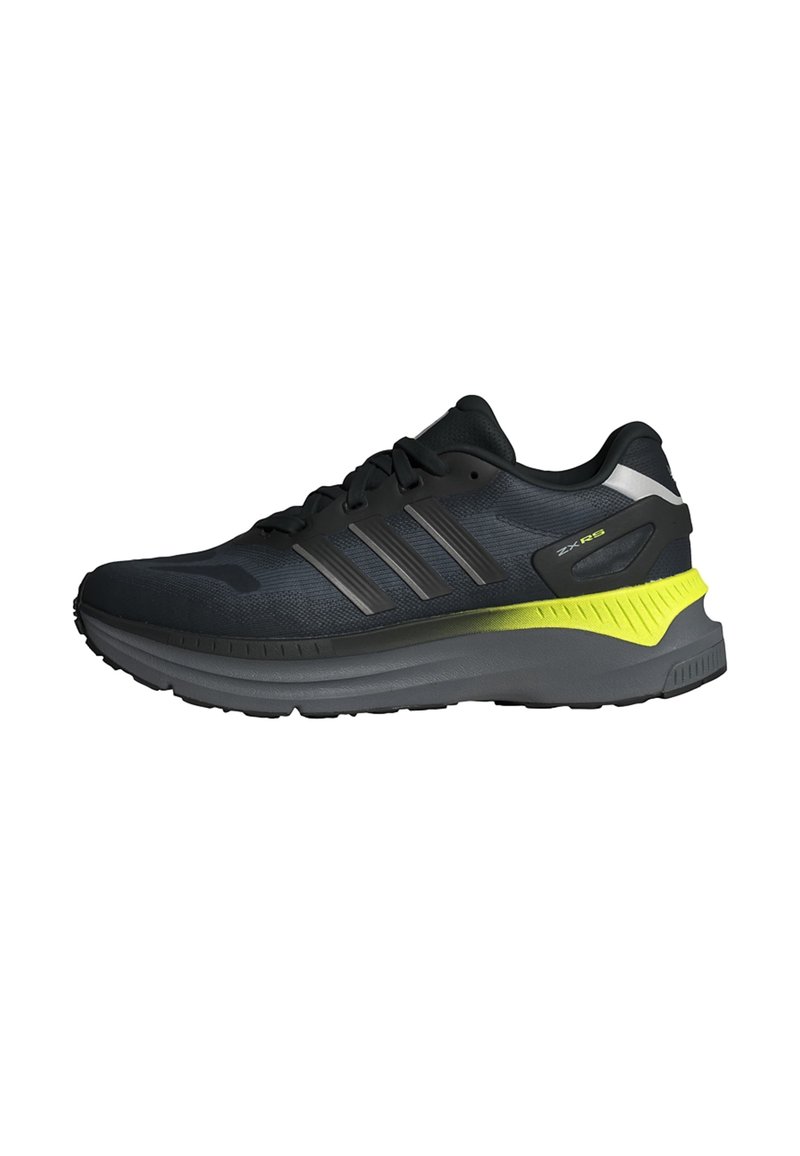 Black and dark gray Adidas ZX RS running shoe with lime green accent on the midsole and black laces, shown in left side profile view.