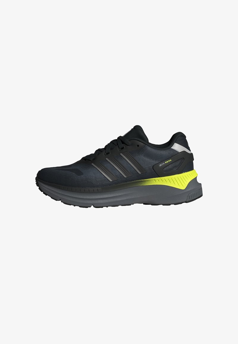 Black and dark gray Adidas ZX RS running shoe with lime green accent on the midsole and black laces, shown in left side profile view.