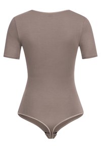Bruin kortarmig bodysuit met een ronde halslijn. Gladde textuur, aansluitend design en een stringmodel aan de onderkant met verstelbare drukknoopsluiting.