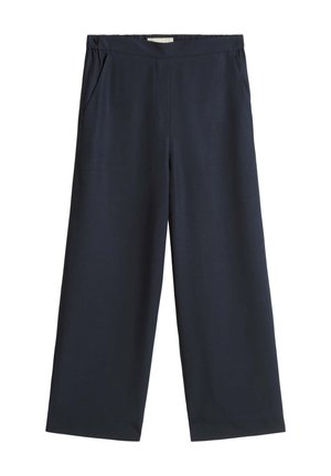 Pantaloni a gamba larga blu navy con cintura elastica e tasche laterali, realizzati in tessuto liscio e leggero.